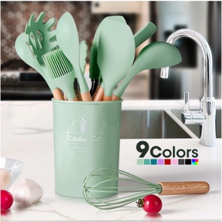 Conjunto De 12 Utensílios De Cozinha De Silicone Antiaderente Com Cabo De Madeira Fácil De Limpar Ovos Pá / Colher / Pegador