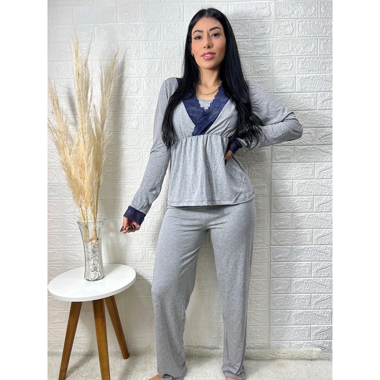 Pijama Longo Maya - Amamentação - Renda - Conforto - Dia a Dia em Oferta na Shopee