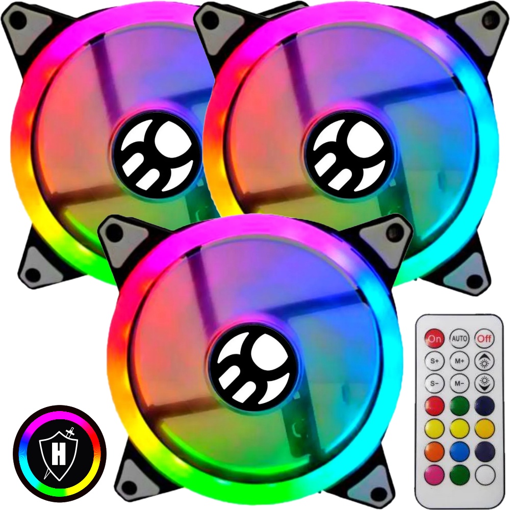 Kit 3x Cooler Fan Ring Led RGB 120mm 120cm c/ Controle Remoto e ...