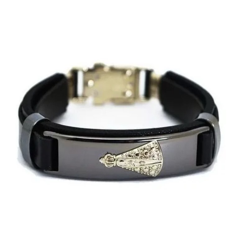 Pulseira de Couro Nossa Senhora Aparecida Fecho Trava Social