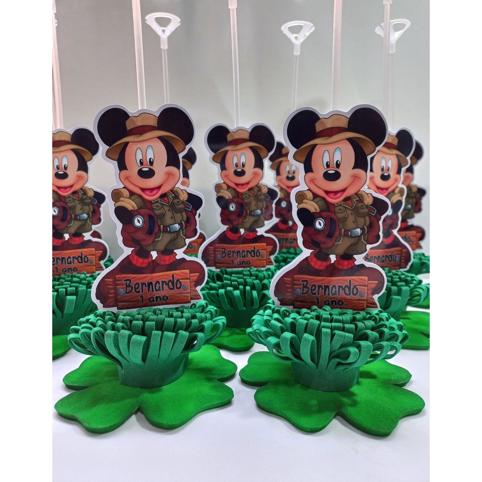 kit Centro de Mesa Mickey Safari - Base em MDF., Aplique em Papel Fotográfico 230g Brilho com Suporte para Balão