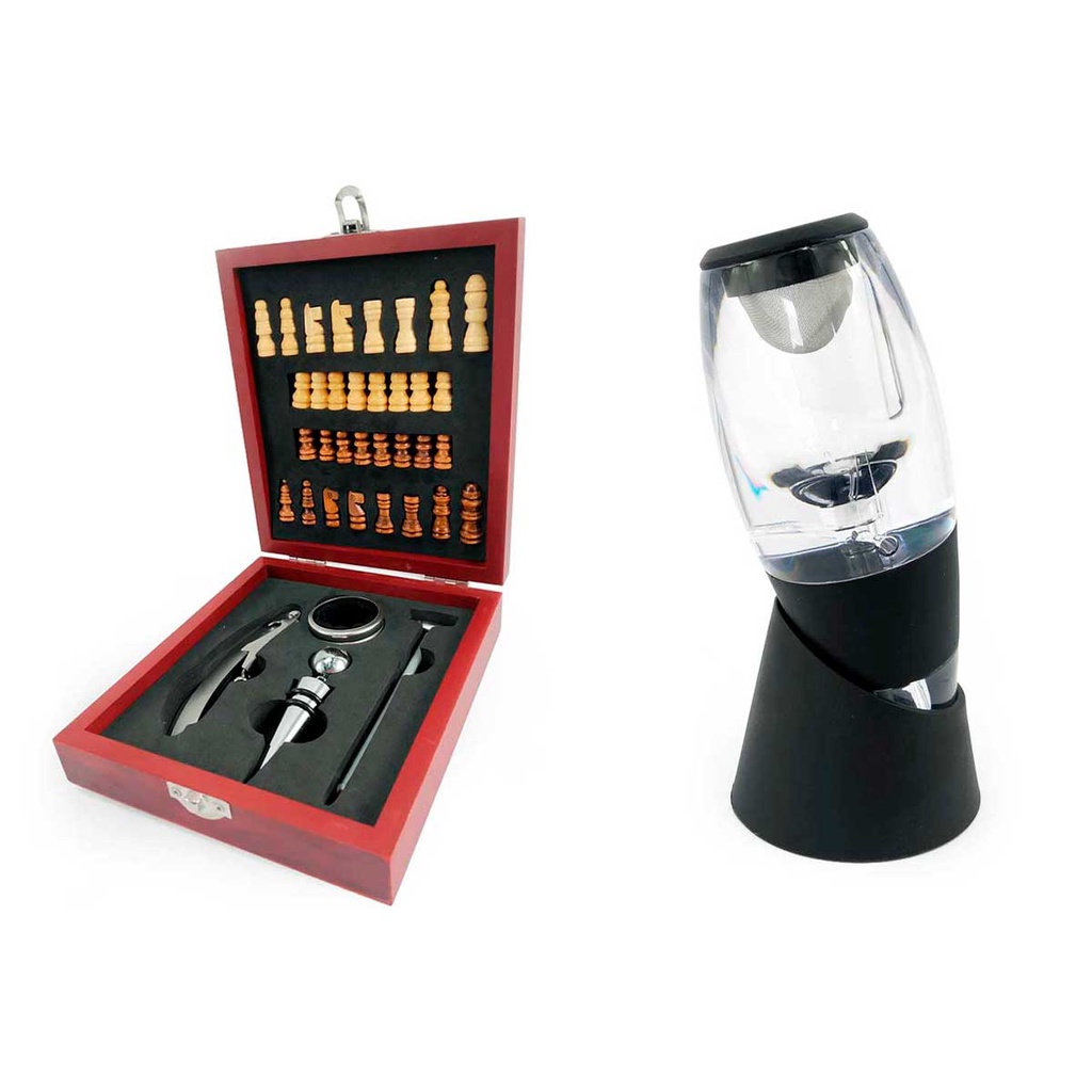 Kit Vinho Luxo Estojo Madeira Acessórios 4 Peças Saca Rolha Jogo Xadrez + Aerador De Vinho Magic Decanter C/ Filtro