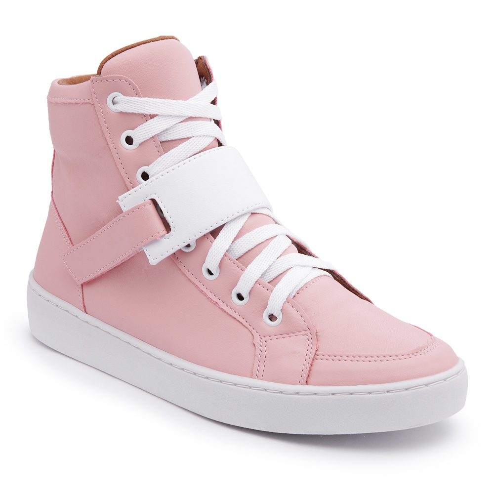 Tênis Botinha Cano Alto Delicado Casual/Treino Rosa Detalhe Velkro Branco Tik Tok
