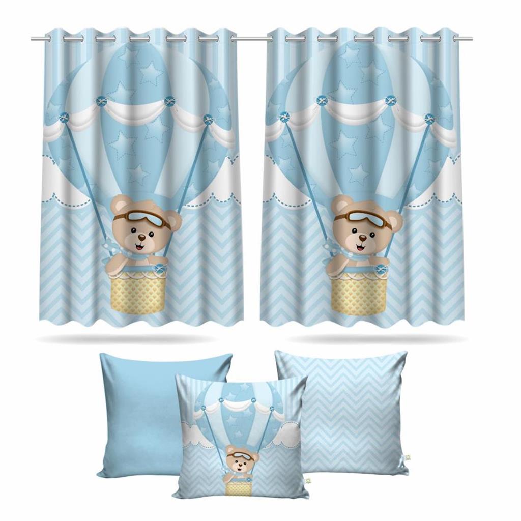 Kit Cortina Infantil Ursinho Baloeiro + 3 Capas Almofada Quarto Menino Tecido Decoração Md1