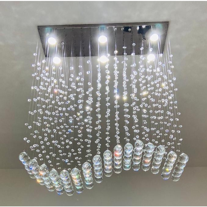 Lustre para sala de jantar/estar Retangular, Onda De 70x20cm com cristais legítimos e base de inóx