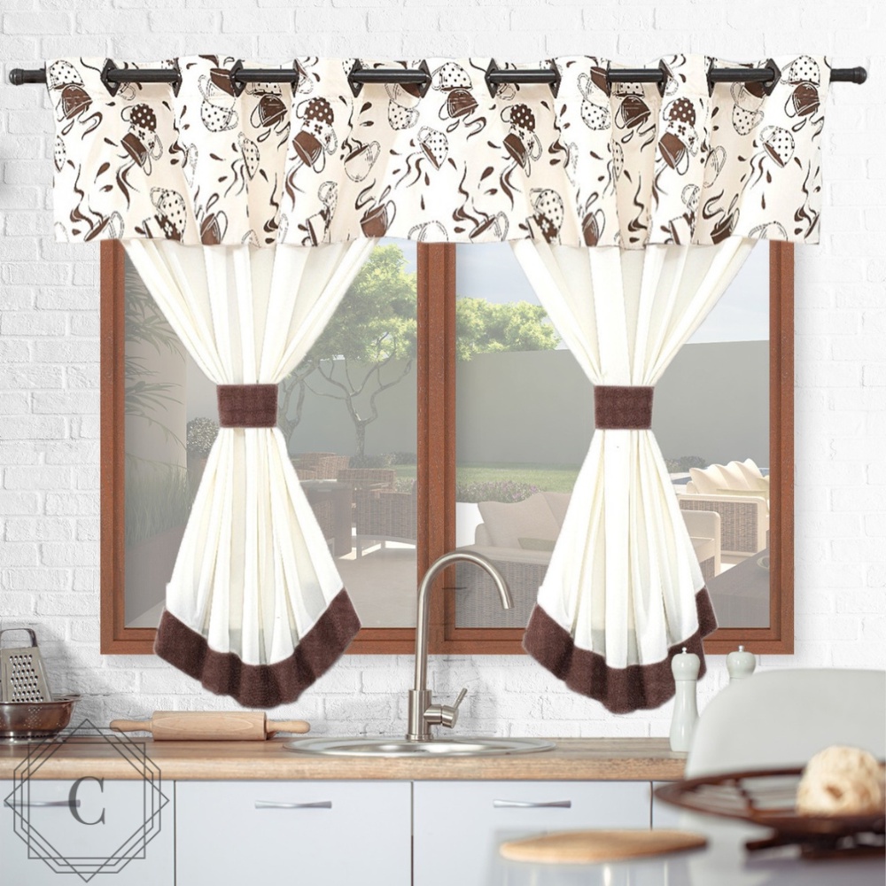 Cortina De Cozinha / gourmet e Copa  2,60m X 1,40m Para Varão Simples bege / Marrom