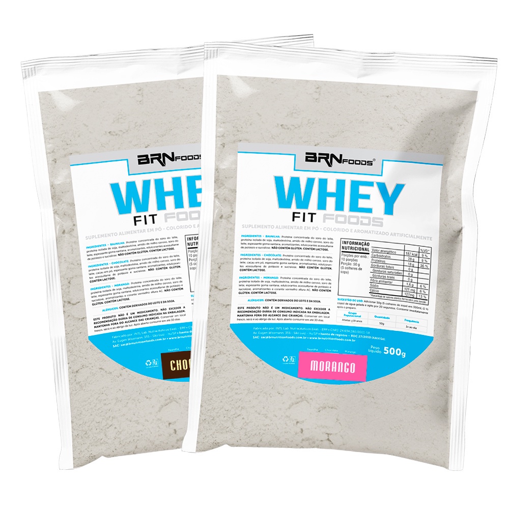 Kit 2x Whey Protein Concentrado em Blend Proteico Refil 500g - BRN Foods Suplemento em pó para ganho de massa muscular