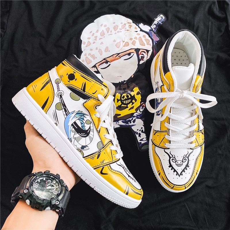 ONE PIECE x AJ 1 Tênis masculino Calçados esportivos de cano alto Tamanho：37-44 Trafalgar Law Sapatos casuais de anime