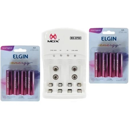 Carregador Mox CP50 + 8 Pilhas Elgin AA 2700mAh