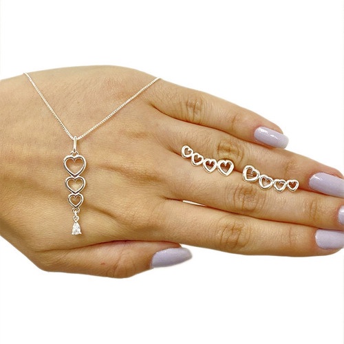 Kit Colar E Brinco Corações Folheado/banhado Prata 925