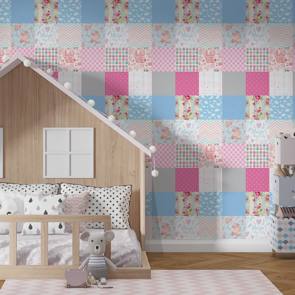 Papel De Parede Estampado Retalho Colorido Quarto Infantil Menina Adesivo Lavável Rolo de 3 Metros