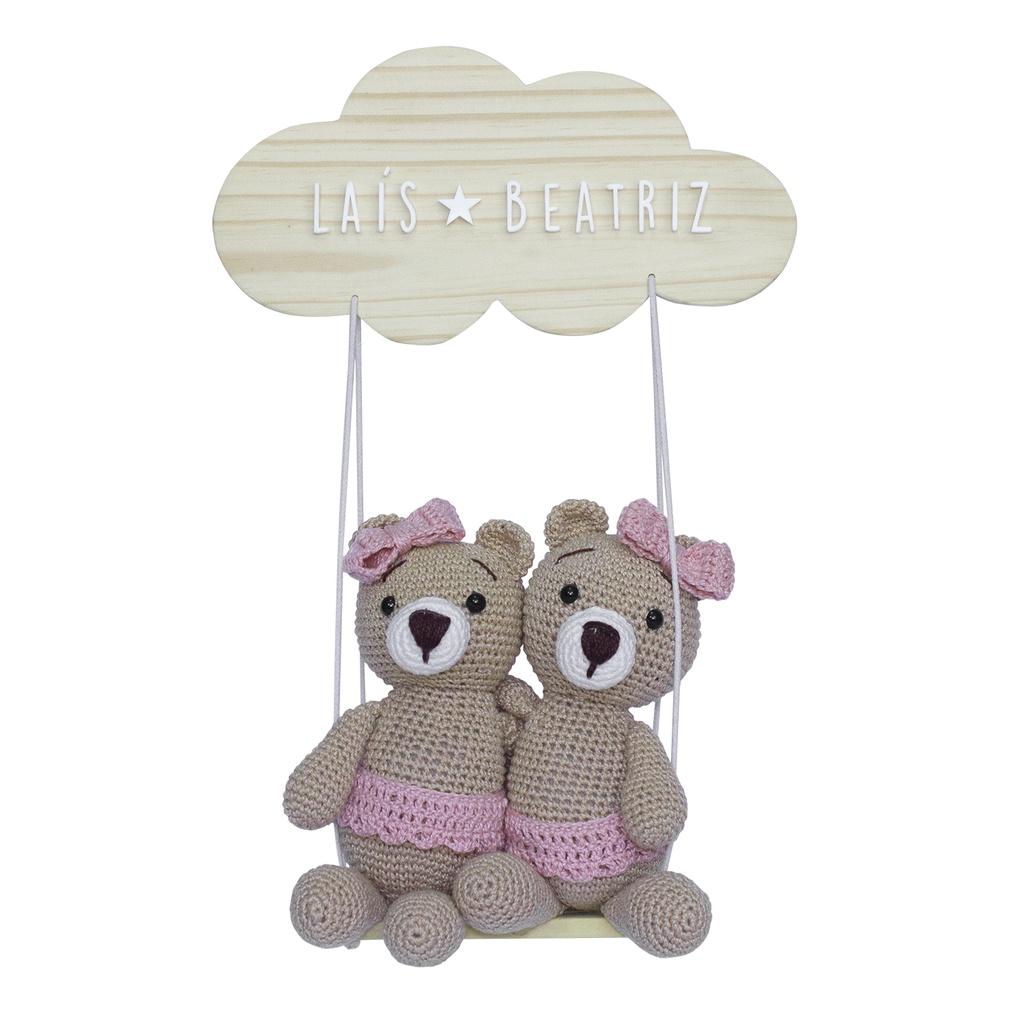 Enfeite Maternidade Gêmeas Ursinhas Crochê Nuvem Nome Bebê