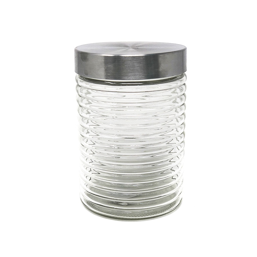 Pote Multiuso de Vidro Médio com Tampa em Aço Inox Porta Mantimentos Condimentos Hermético Armazenamento Alimentos Recipiente Ótima Vedação Organizador Utilidade Cozinha Decoração Organizar Armário 1300ml 16cm