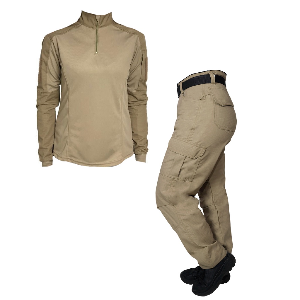 Farda (Calça Combat + Combat Shirt Feminina) Militar Tática Ripstop Bélica Coyote