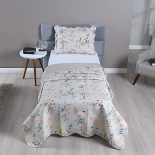 Kit Cobre Leito Colcha Solteiro 2 Peças Boutis Estampada Dupla Face Porta Travesseiro Aba Americana em Oferta na Shopee