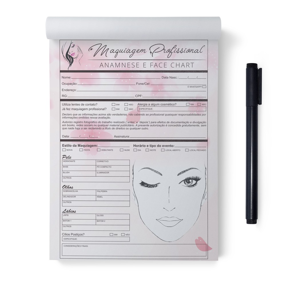 Bloco Ficha Anamnese e Face Chart Maquiagem / Makeup em Oferta na Shopee