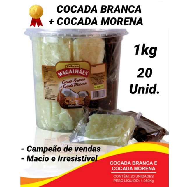 10 COCADA BRANCA + 10 COCADA MORENA/1kg/Doce de côco/Macia/Saborosa