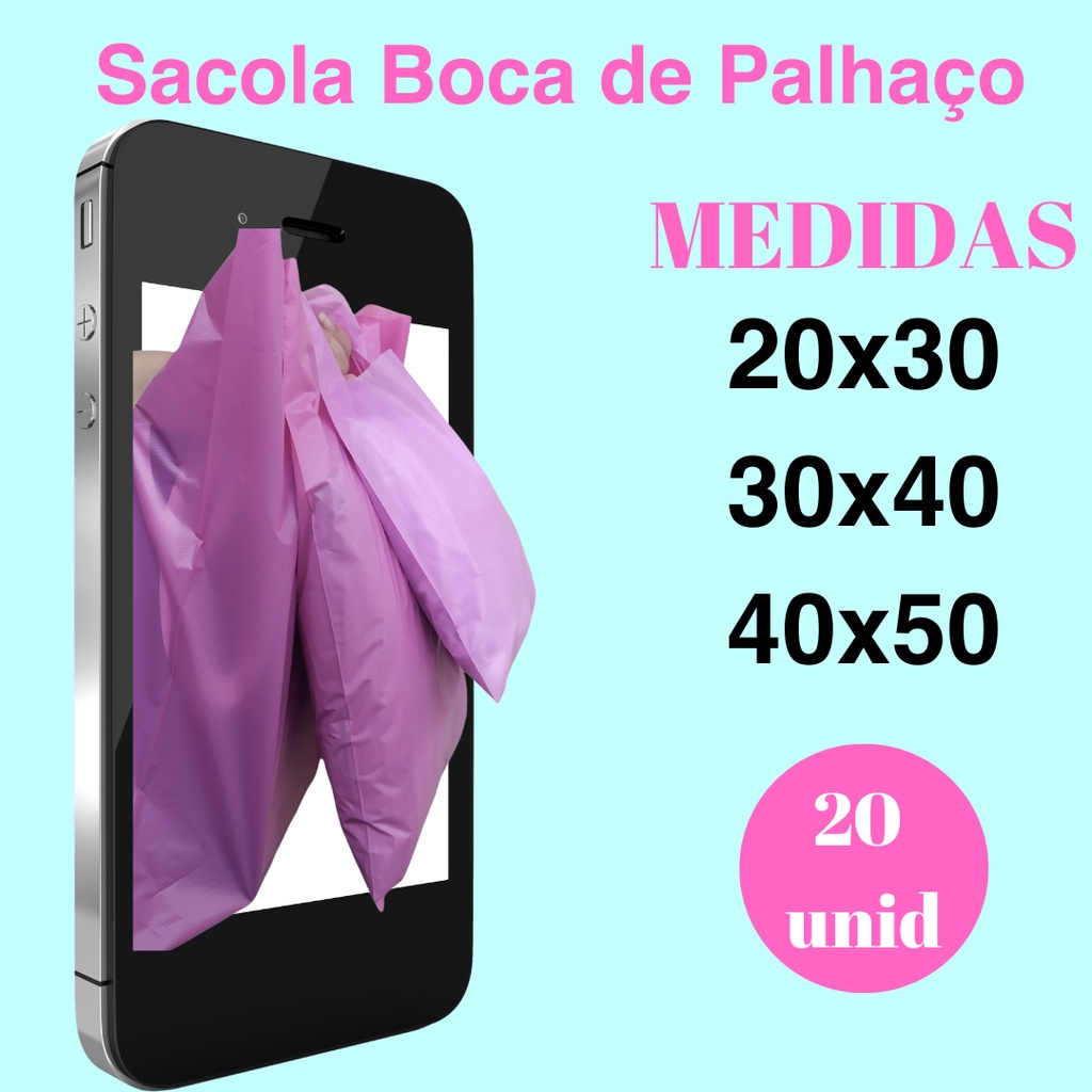 20 Sacola Plástica Premium Boca De Palhaço - Medidas