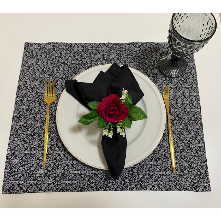 KIT Vom 2: Lugar americano preto brocado (estampa de arabesco em branco) - Jogo americano de tricoline 100% algodão