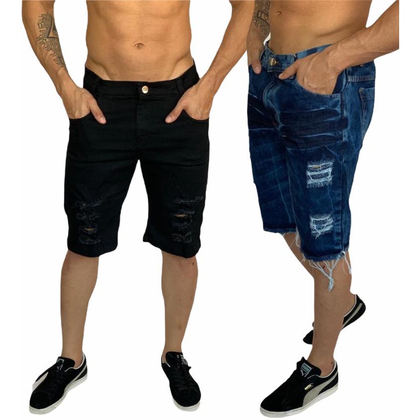 Bermuda Jeans Masculina Rasgada Kit Com 2 Preta E Jeans Escuro Shopee Brasil
