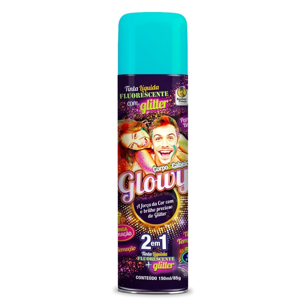 Tinta Spray Para Cabelo Glowy 150ml Azul Claro 2 Em 1 Tinta Líquida Fluorescente + Glitter
