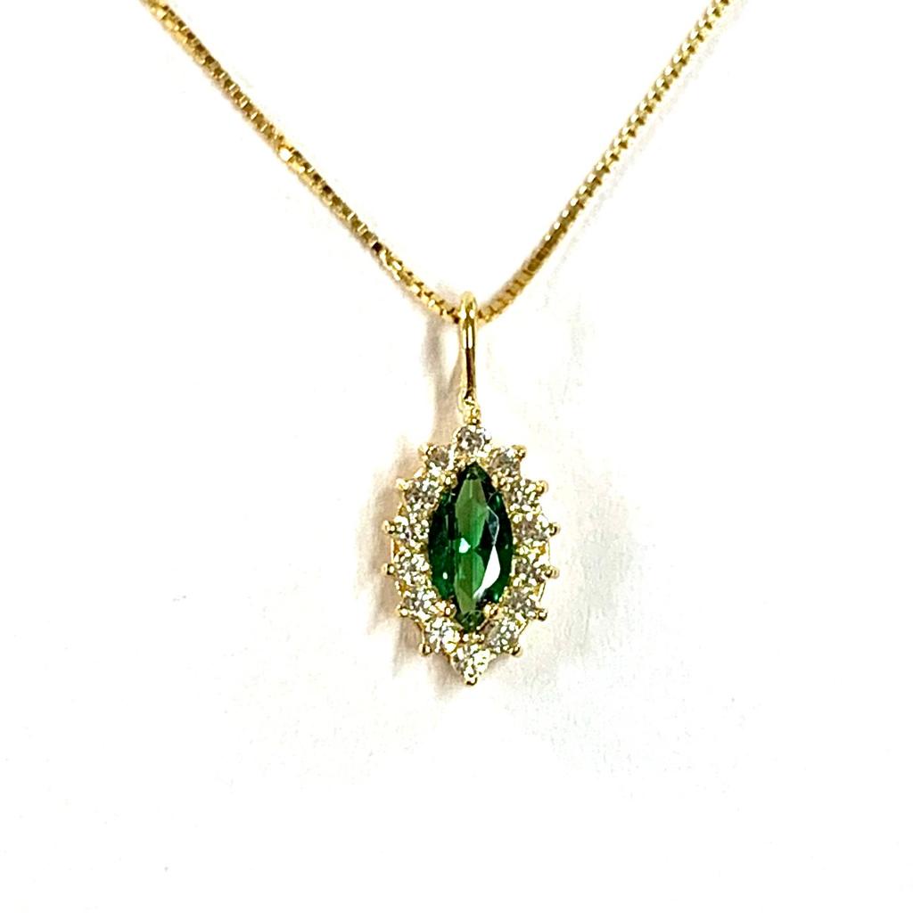Pingente Zirconia Esmeralda Pedra Navete Ouro 18k