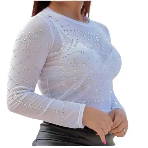 Cropped Blusa Pedraria Manga Longa Tule