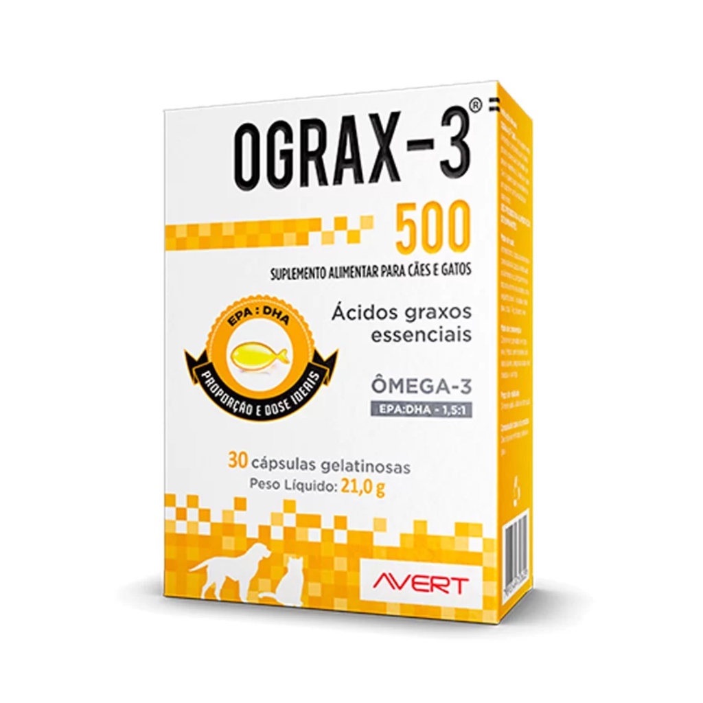 Ograx 500 mg Suplemento para Cães e Gatos Omega-3 Avert 30 Cápsulas Cachorros Ômega 3 - Pets