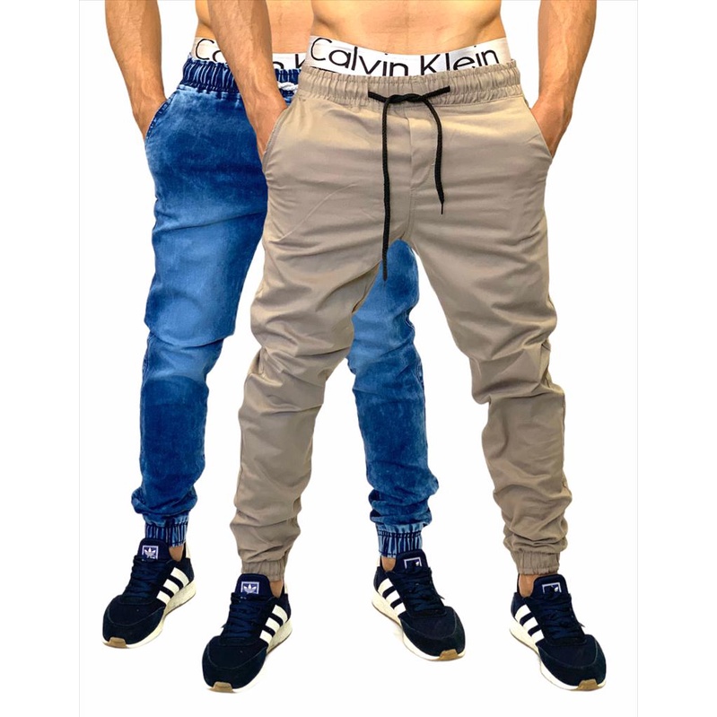 Calça Masculina Sarja e Jeans Jogger Rasgada e Lisa Kit com 2 Preto Caqui Jeans Clara e Escura