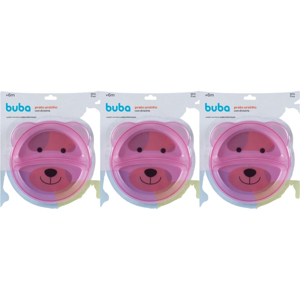 3 Conjuntos de Pratinhos P/ Bebê Ursinho com Divisória Rosa Buba