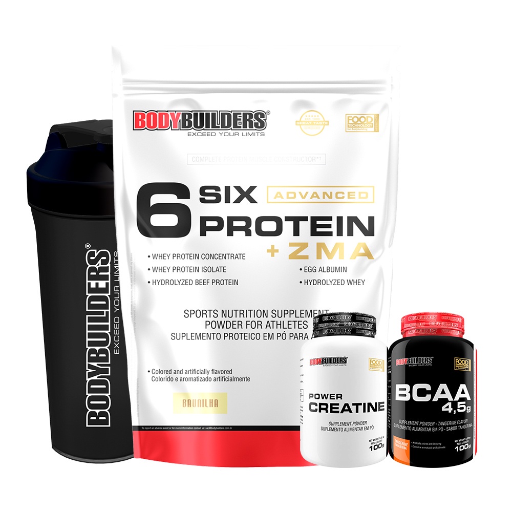 Kit Whey Protein Concentrado 6 Six Protein com ZMA 2 Kg + Power Creatina 100g + BCAA 100g + Coqueteleira - BodyBuilders