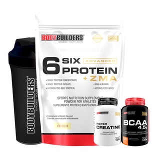 Kit Whey Protein Concentrado 6 Six Protein com ZMA 2 Kg + Power Creatina 100g + BCAA 100g + Coqueteleira - BodyBuilders