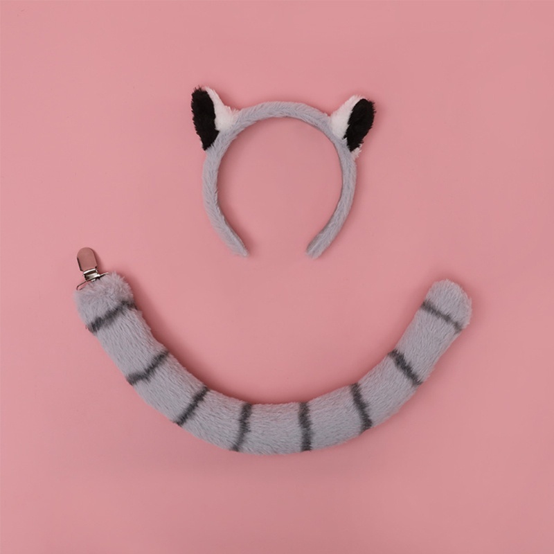 QUICKR Orelhas De Lêmures De Animais De Pelúcia Cocar Lolita Headwear Cauda Longa Argola De Cabelo Peludo