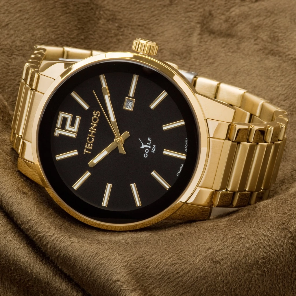 Relogio Masculino Technos Golf Dourado Fundo Preto Original Clássico 2115TT/4P Presente Homem