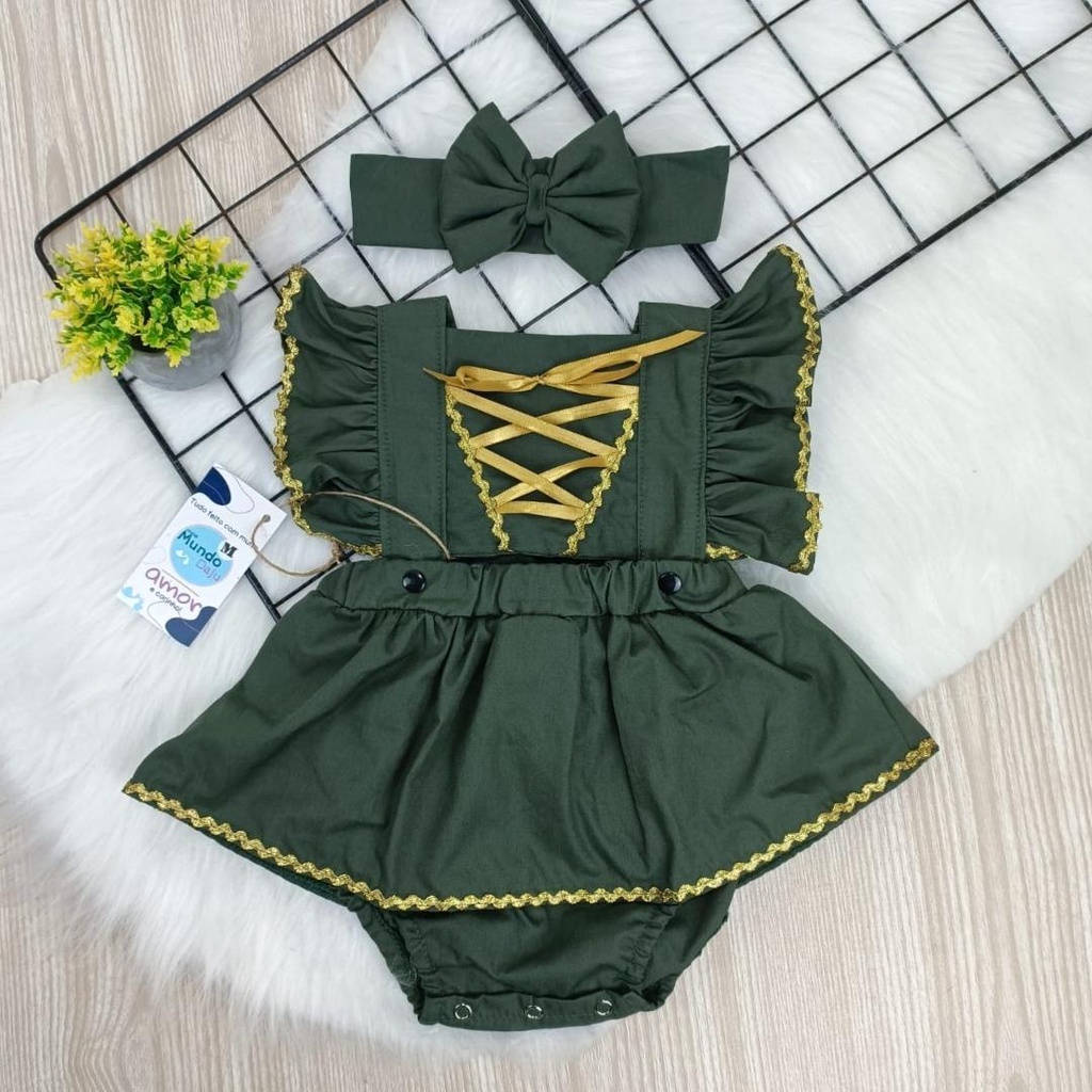 Romper Jardineira Body Merida de Saia Roupa Menina Festa Mesversário Acabamento Perfeito