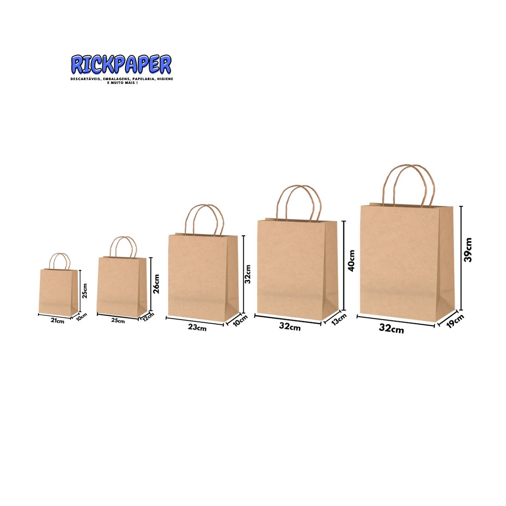 Kit Com 10 Sacolas Kraft Parda PP P M G GG