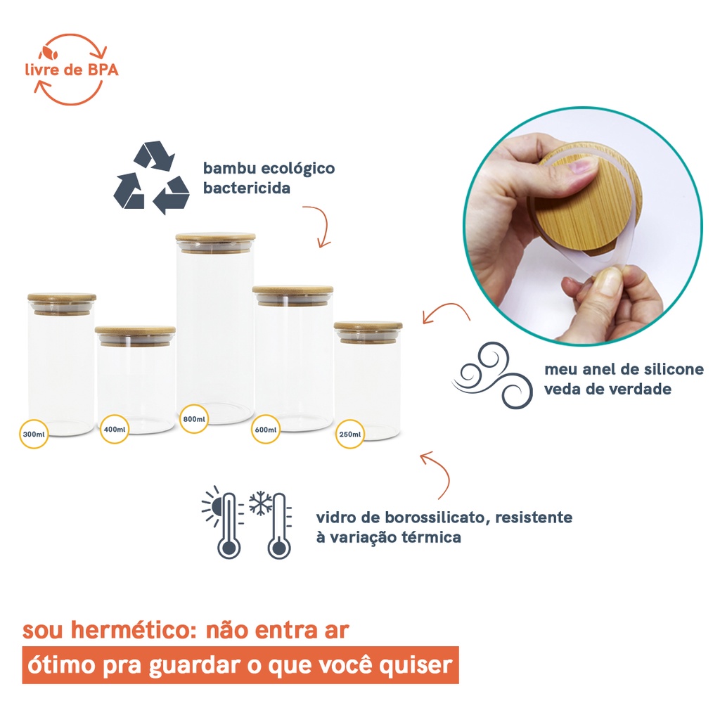 Detalhes do Kit 5 Potes De Vidro para Mantimentos com Tampa Bambu 250ml 300ml 400ml 600ml 800ml - Oikos