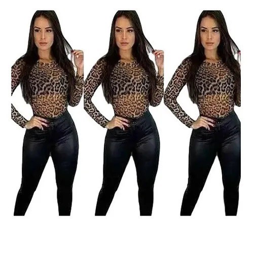 Body Blusa Manga Longa Tule Oncinha Animal Print Feminino