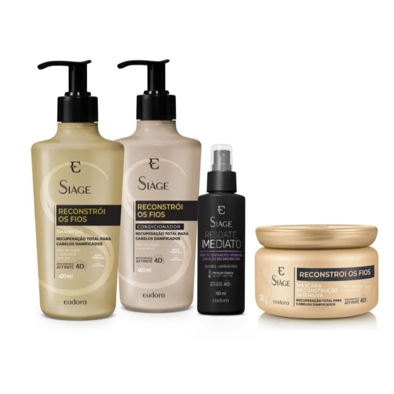 Siáge reconstrói os fios: Shampoo 400ml + Condicionador 400ml + Leave-in Resgate Imediato 100ml + máscara 250g
