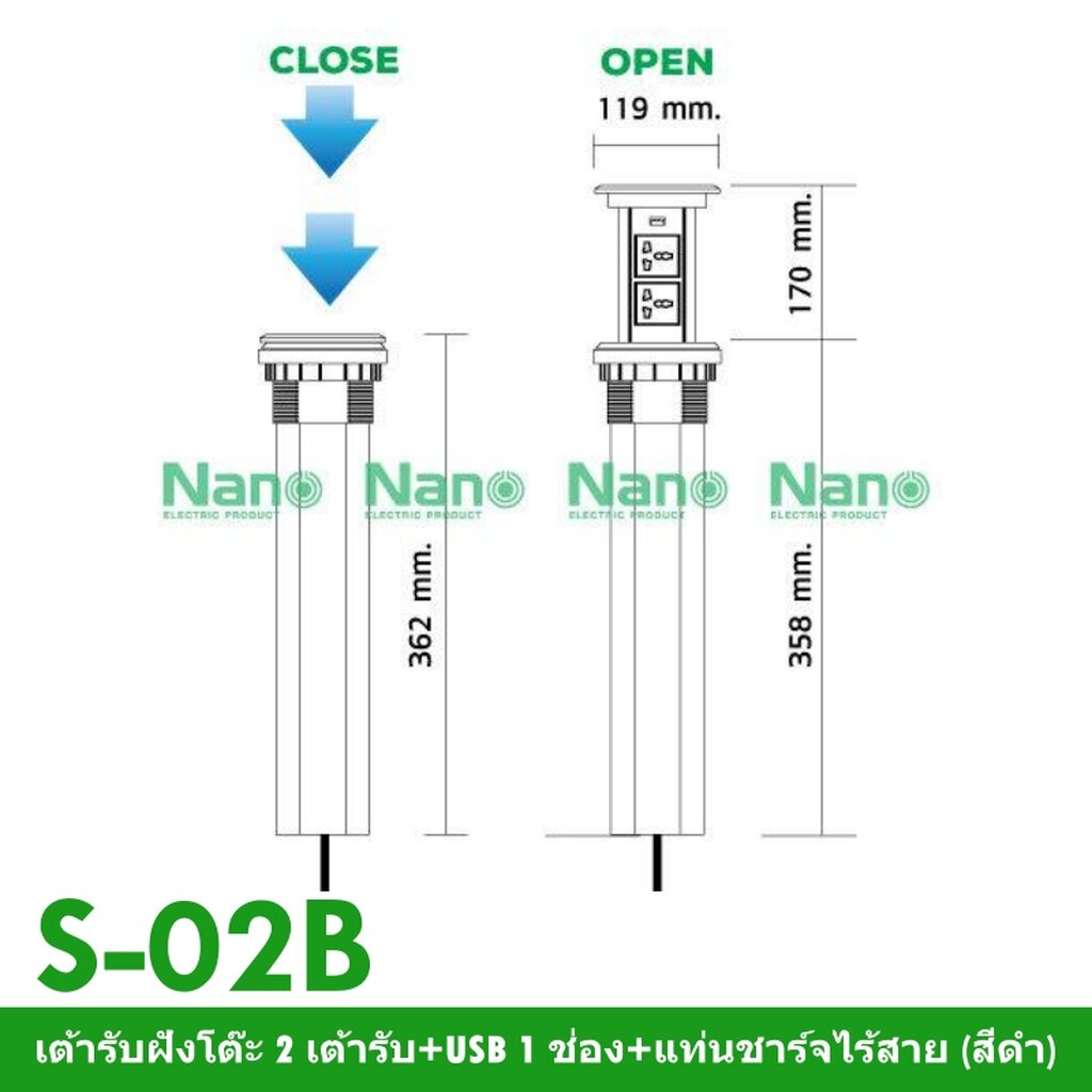 รูปสินค้า ปลั๊กไฟฝังโต๊ะ 2 เต้ารับ USB 1 ช่อง รองรับชาร์จไร้สาย นาโน (สีดำ)