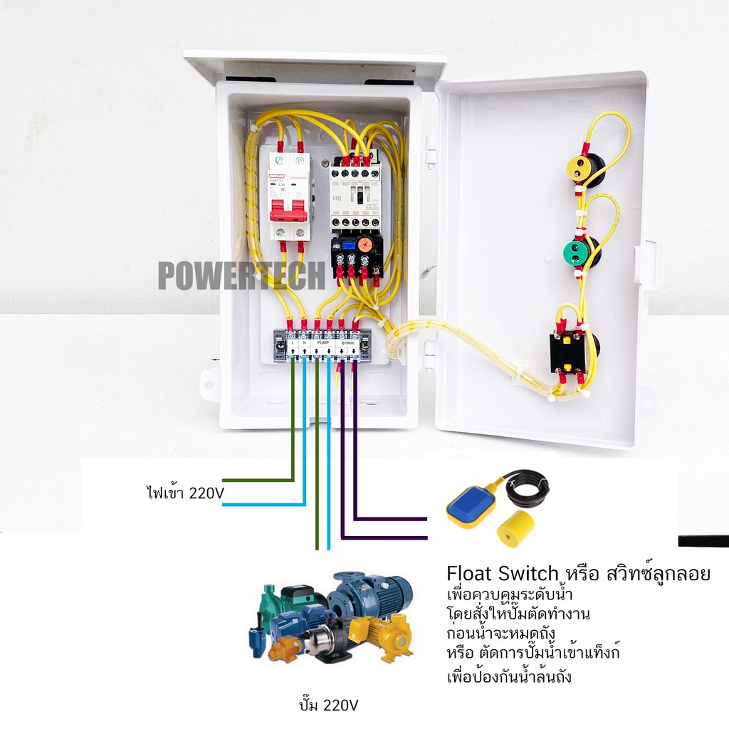 รูปสินค้า ตู้ควบคุมมอเตอร์ปั๊มน้ำ ป้องกันแรงดัน ทนฝน PVC