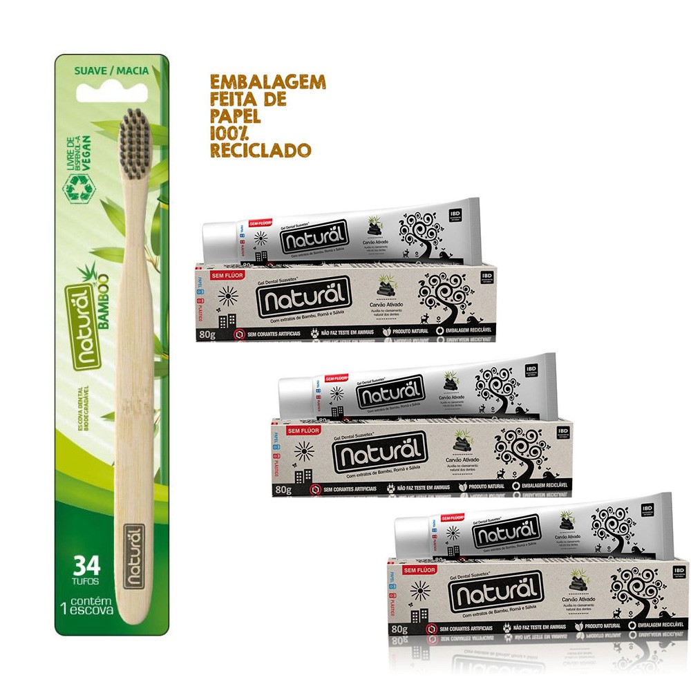 Kit 3 Creme Dental Vegano Suavetex + Escova De Bambu Ecológica