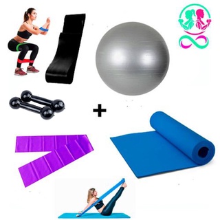 Kit Pilates Tapete 1,20mt + Faixa Elástica Média  + Mini Band Média + Bola Suiça 65 + Par ...