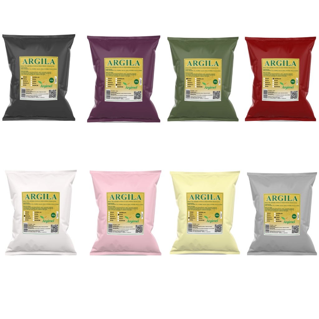 Argila 500g todas as cores 100% natural colhidas em áreas virgens secadas ao sol - verde, preta, branca, rosa, amarela, dourada, vermelha, roxa, cinza