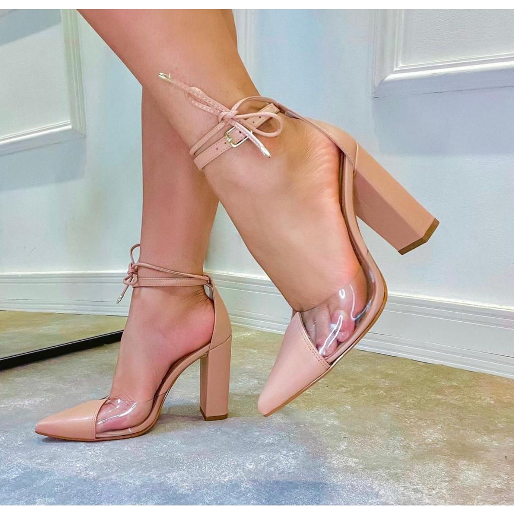 Sapato feminino scarpin salto bloco amarrar e abotoar