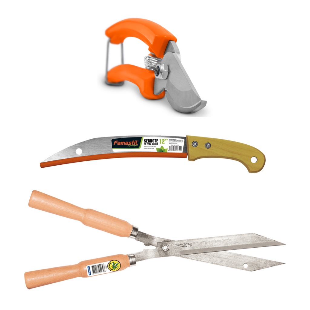 Kit Jardinagem Profissional Poda Galhos Com Tesouras Grande e Pequena Tramontina e Serrote Famastil