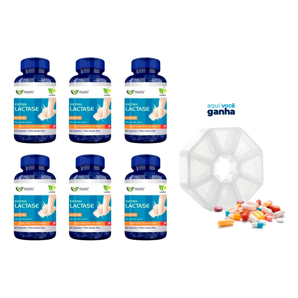 Kit 6x Enzima Lactase Muwiz 60 cápsulas 400mg + Porta Cápsulas