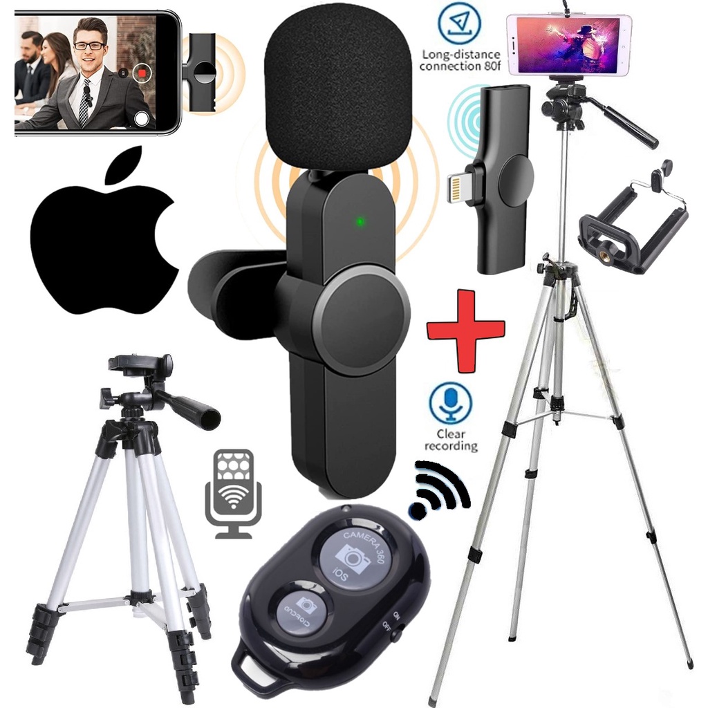 Kit Youtuber Tripé Profissional Para Celular Smartphone + Microfone Lapela Sem Fio Para iPhone Ios Gravar Vídeo Aulas