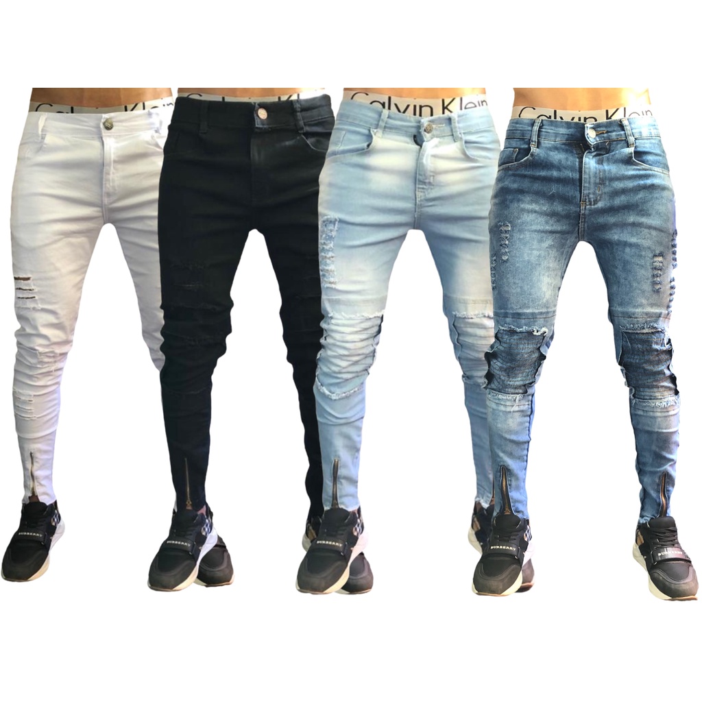 Calca jeans skinny Preta Destroyed Rasgada Desfiada ElastanoLaycra.