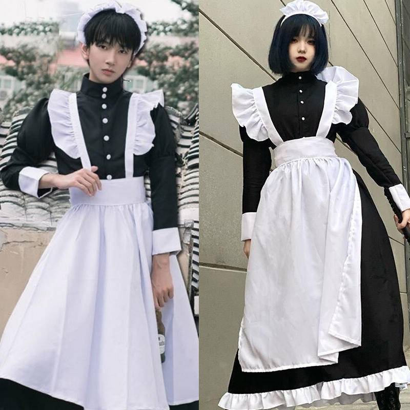 Homens Mulheres Usam Cosplay Bonito Lolita Japonês Anime Maid Loli Preto Vestido Longo Traje Terno